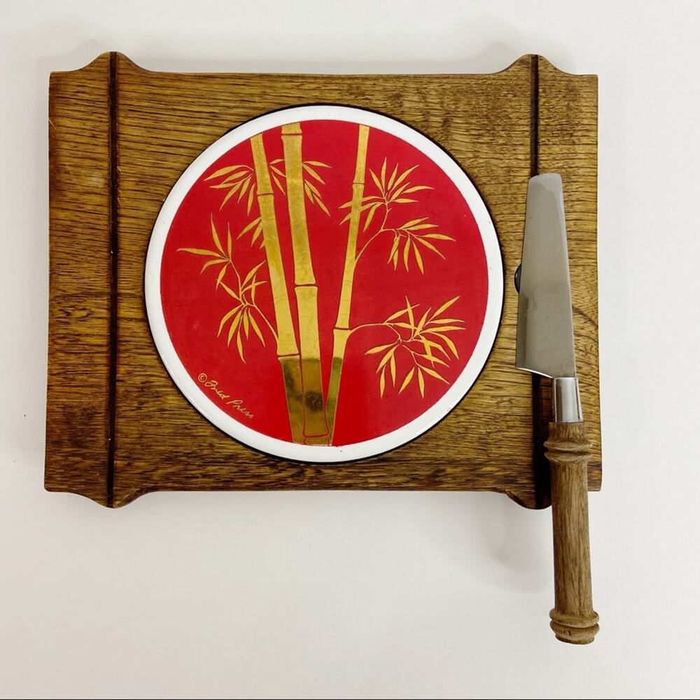 Fred Press | MCM Red & Gold Bamboo Ceramic Inlay Cheese Board Serving Tray